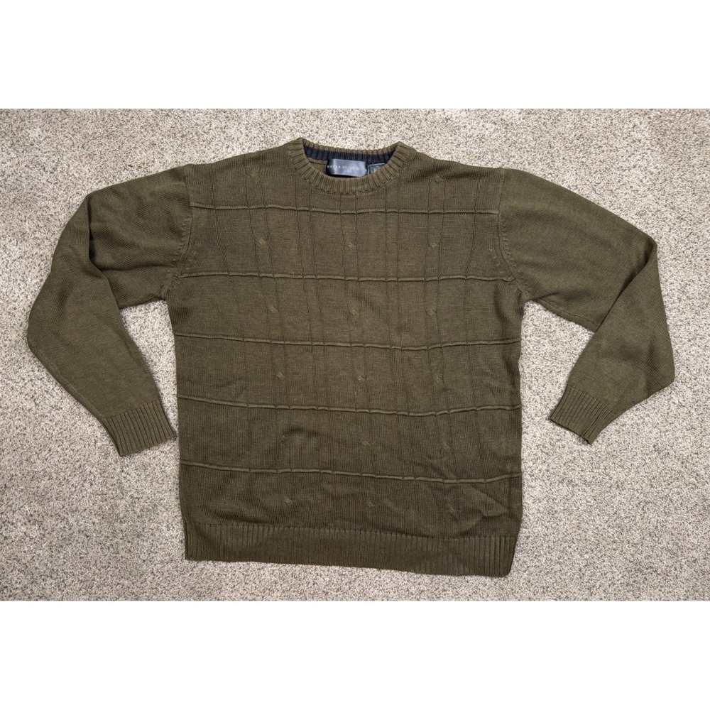 Oscar de la Renta Sweater Grid Knit Cotton Blend L Olive Green Classic Crew Neck